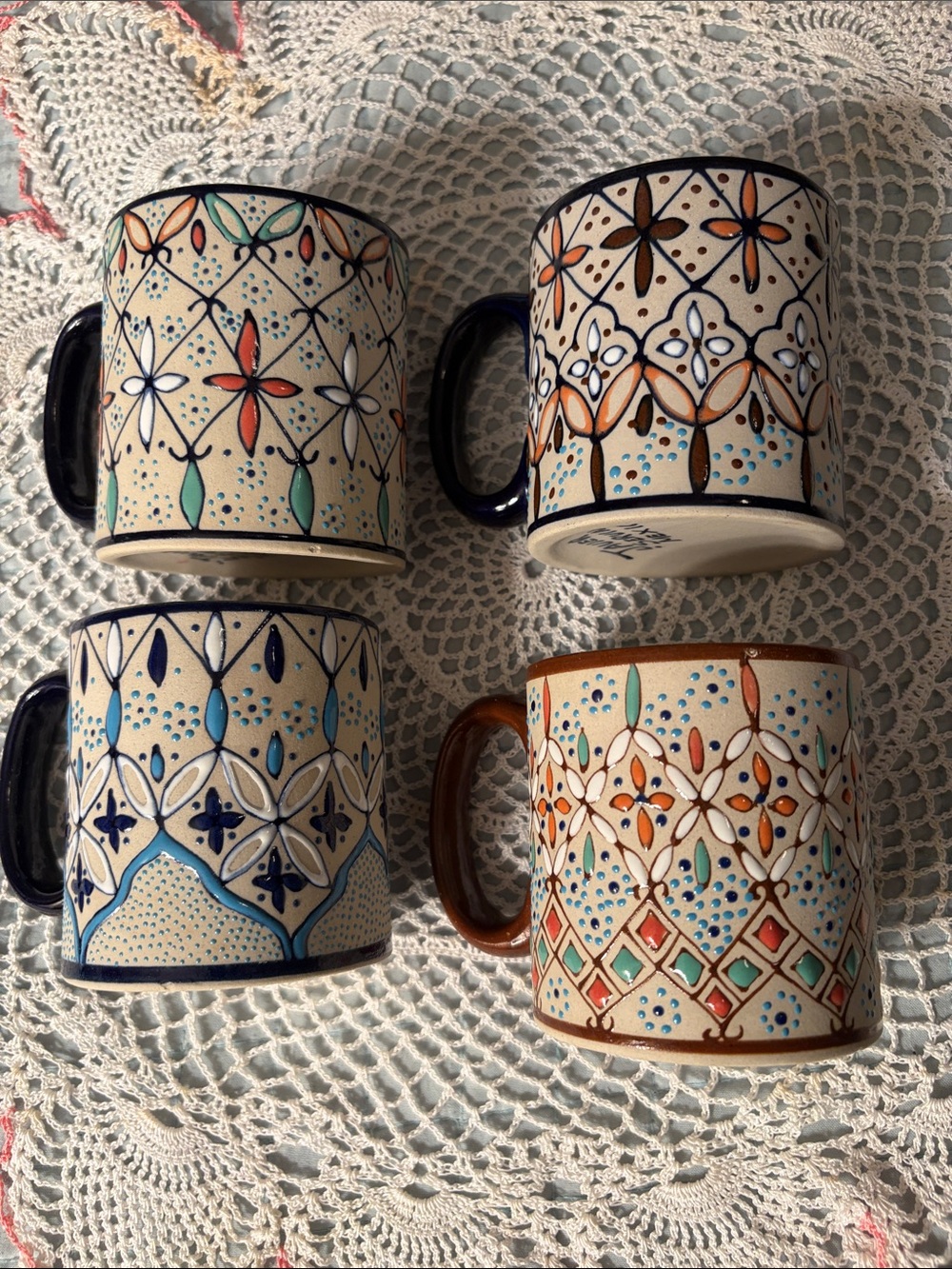 Hand-Painted Ceramic Mug Set in Cream with Blue, Teal and Brown Accents